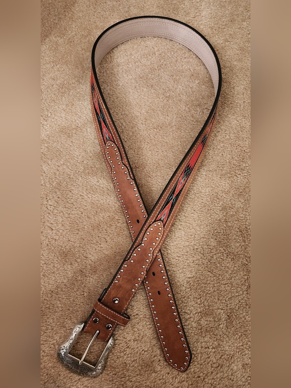 Nocona Southwestern Embroidered and Studded Brown Leather Belt-Unisex